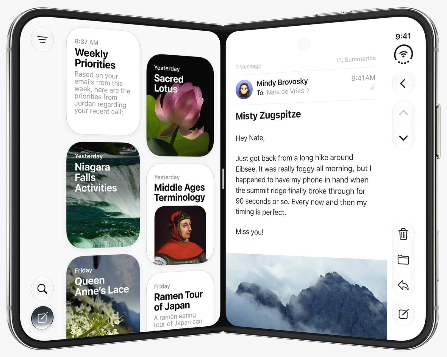 An open iPhone Duo showing an AI-generated priorities view beside an email
